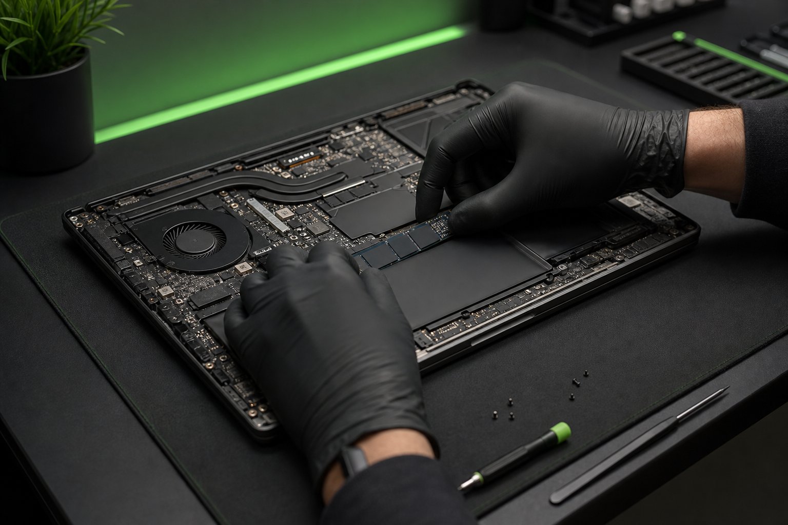 Notebook aberto em bancada de manutenção