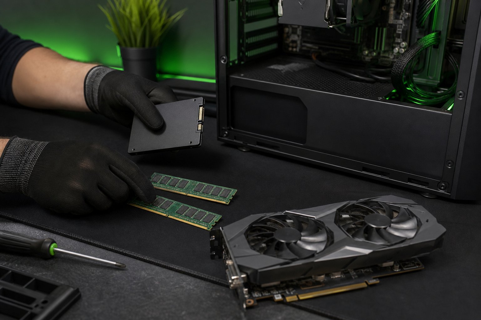 Componentes de upgrade para computador, incluindo SSD, memória RAM e placa de vídeo